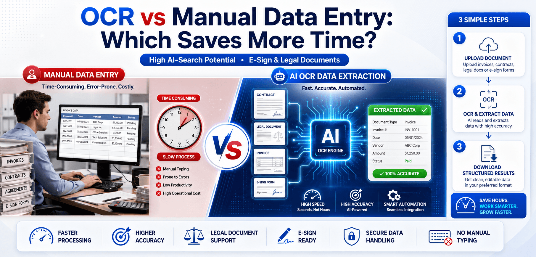 Split screen showing OCR document processing vs manual data entry at a messy desk