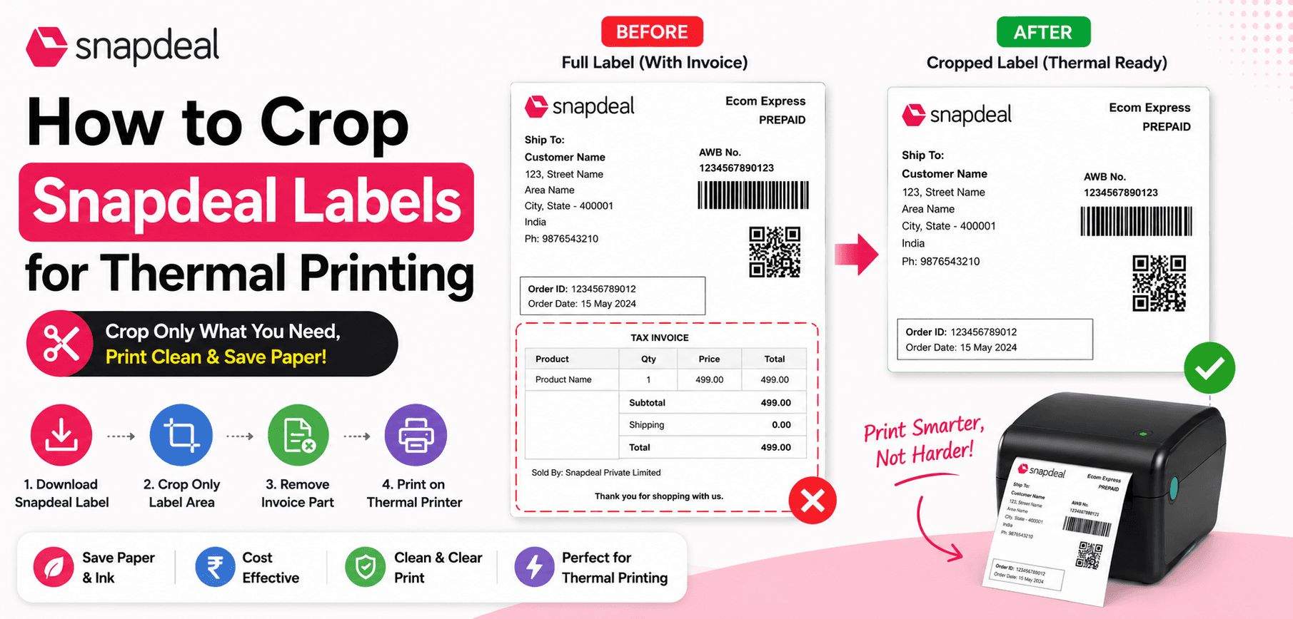 Visual guide demonstrating how to format Snapdeal seller labels for 4x6 thermal printers