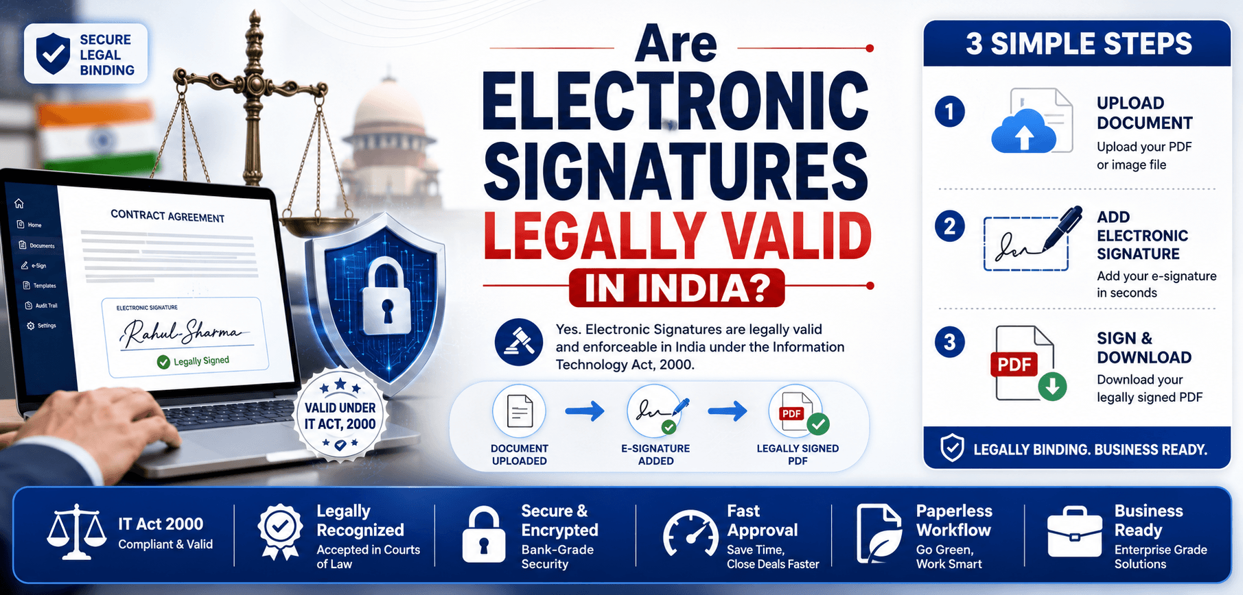 Digital document being signed with a glowing stylus with Indian legal elements in background