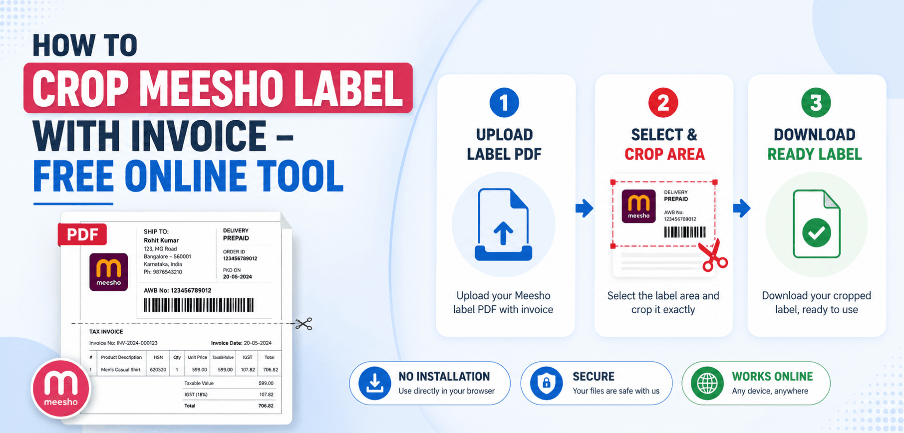 Visual guide demonstrating how to crop Meesho labels along with invoices for thermal printing