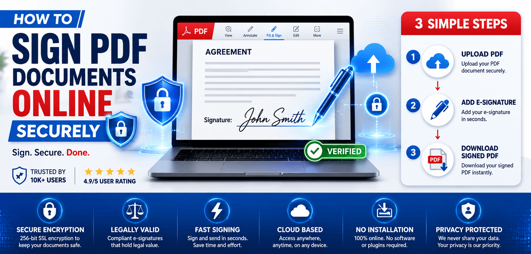 Digital document floating in front of a glowing shield being signed securely